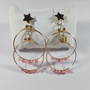 18K GOLD PLATED HOOP DANGLE STARS EARRINGS PINK CRYSTALS COQUETTE STYLE